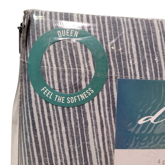 Drift Collection Queen Garment Washed 4-Piece Sheet Set Kaisa Blue Striped - Picture 2 of 6